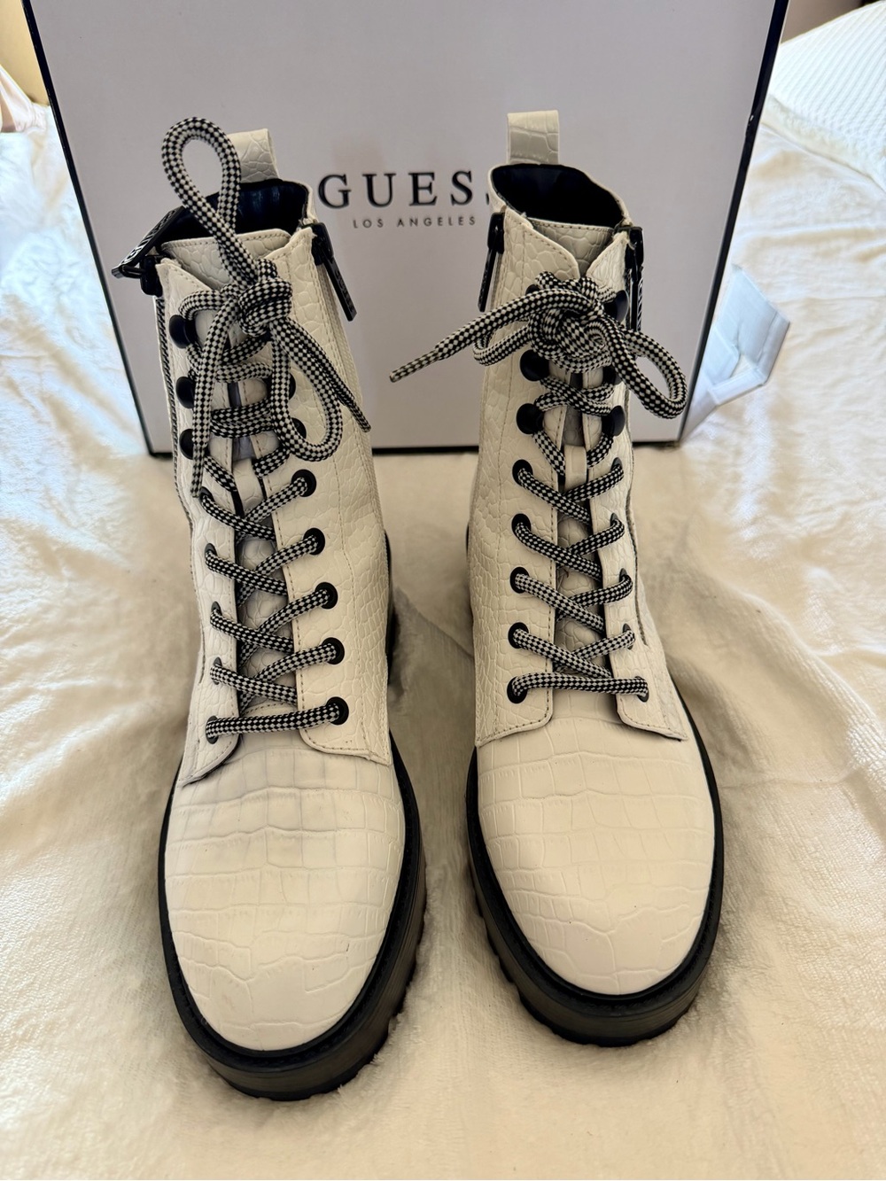 GUESS White Croc-Embossed Lace-Up Combat Boots with Black Soles